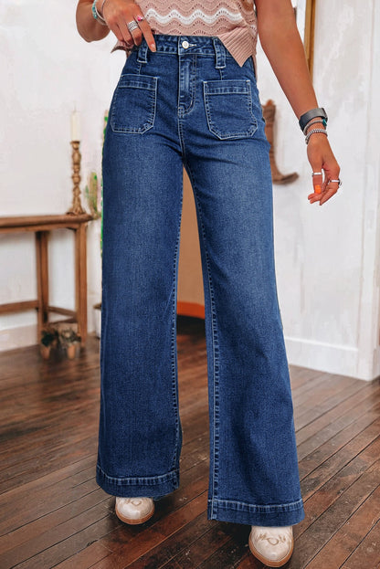 Sail Blue Wide Leg Pocketed High Waist Jeans Sail Blue 71%Cotton+27.5%Polyester+1.5%Elastane
