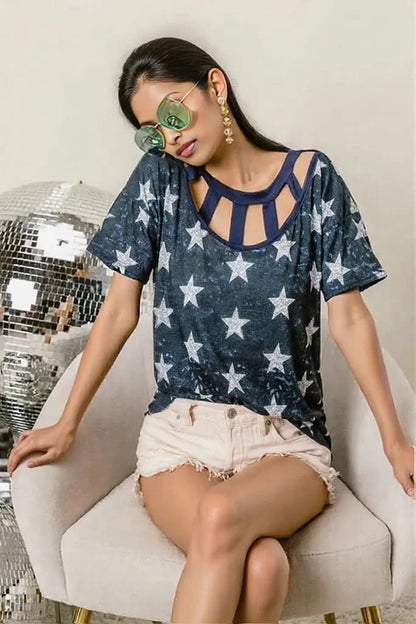 BiBi Vintage Star Print Top With Contrast Caged Neck