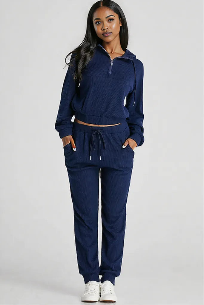 Drawstring Half Zip Hoodie and Joggers Active Set Navy