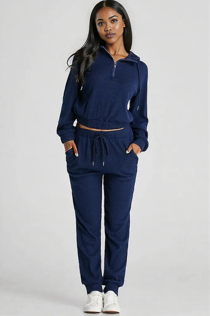 Drawstring Half Zip Hoodie and Joggers Active Set Navy