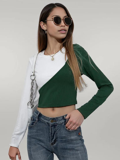 Ivy Lane Cropped Contrast Color Round Neck Short Sleeve Tee Dark Green