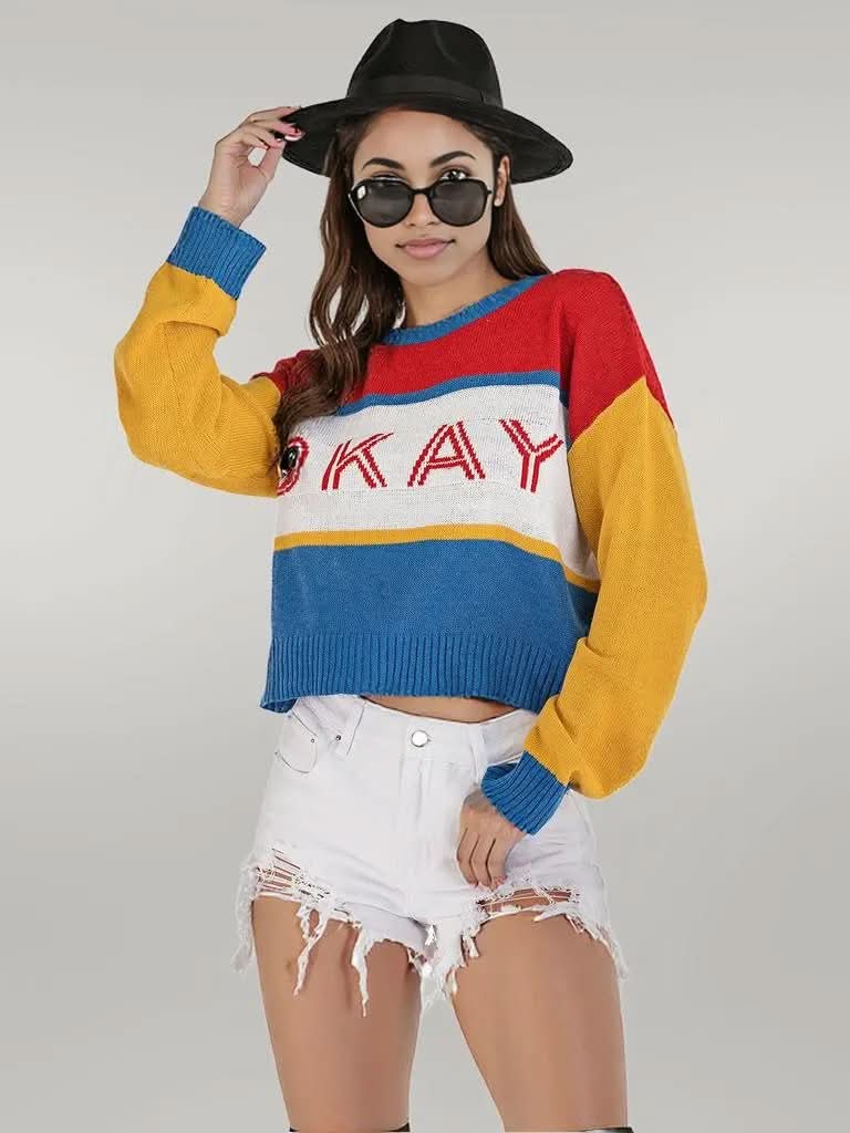 Perfee OKAY Contrast Dropped Shoulder Long Sleeve Sweater