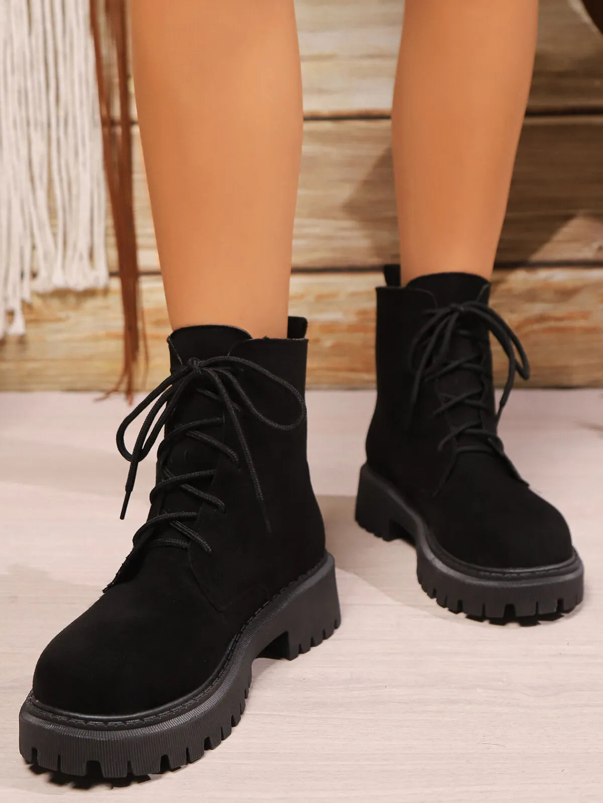 Lace Up Block Heels Boots Black