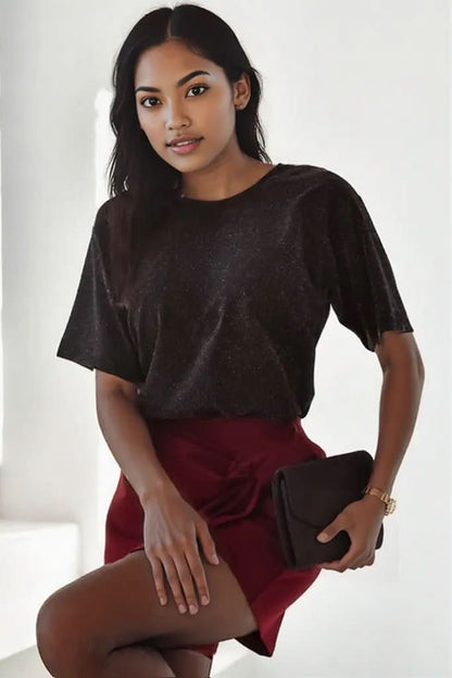 Black Bow Decor Glittery Short Sleeve Top