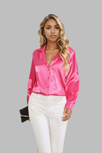 Lapel Collar Button Up Long Sleeve Shirt Hot Pink