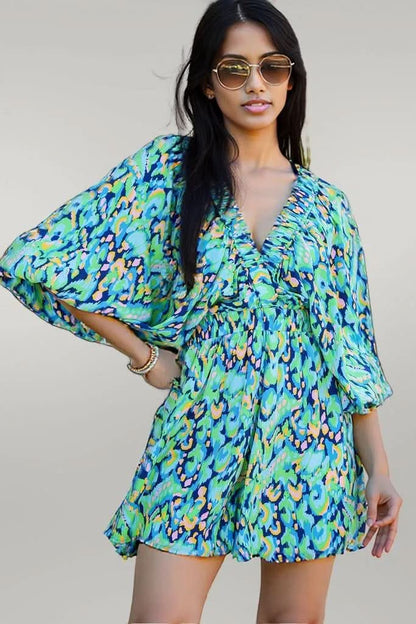 Pink Abstract Print Puff Sleeve V Neck High Waist Romper Green 100%Polyester
