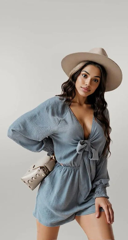 Tied Flounce Sleeve Plunge Romper