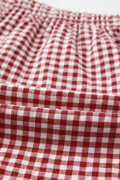Red Plaid Gingham Printed High Waist Shorts Red Stripe 100%Polyester