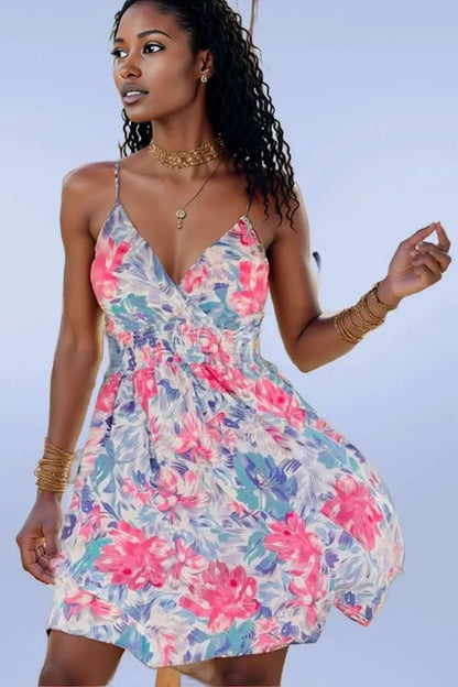 Floral Spaghetti Strap Surplice Neck Shirred Waist Mini Dress Floral