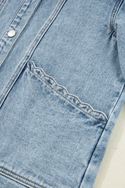 Sail Blue Scallop Trim Collar Patched Pocket Button Up Denim Jacket Myosotis 75%Cotton+25%Polyester