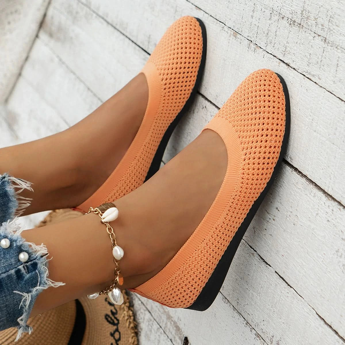 Solid Color Mesh Flat Slip-Ons Tangerine