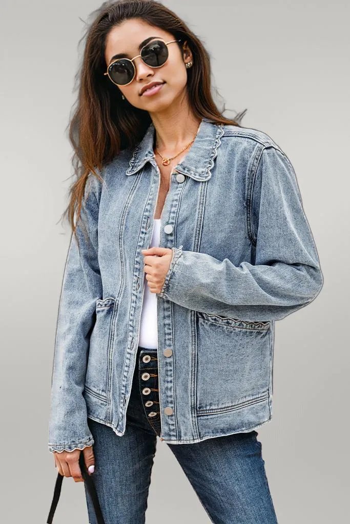 Sail Blue Scallop Trim Collar Patched Pocket Button Up Denim Jacket Myosotis 75%Cotton+25%Polyester