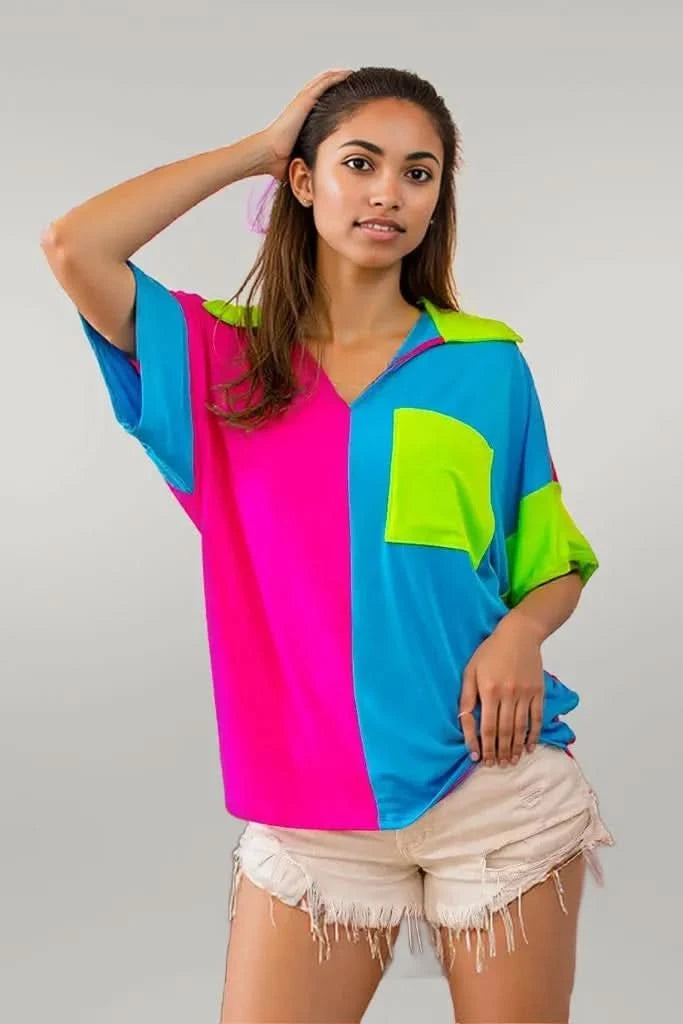 BiBi Slinky Knit Color Block V Neck Front Top FUCHSIA TURQU N.GREE