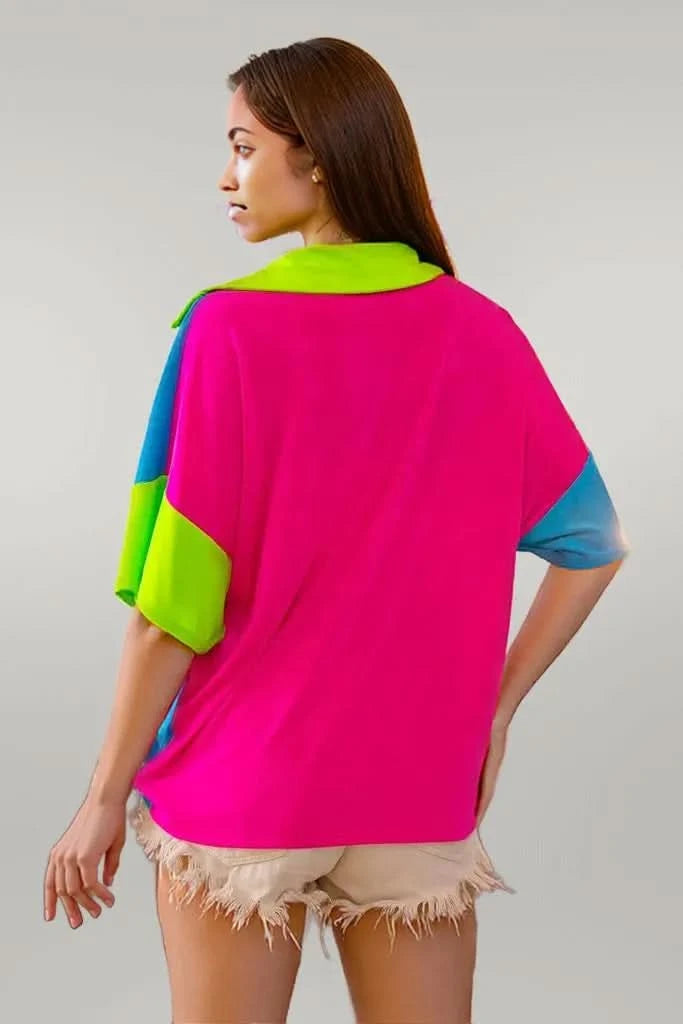 BiBi Slinky Knit Color Block V Neck Front Top
