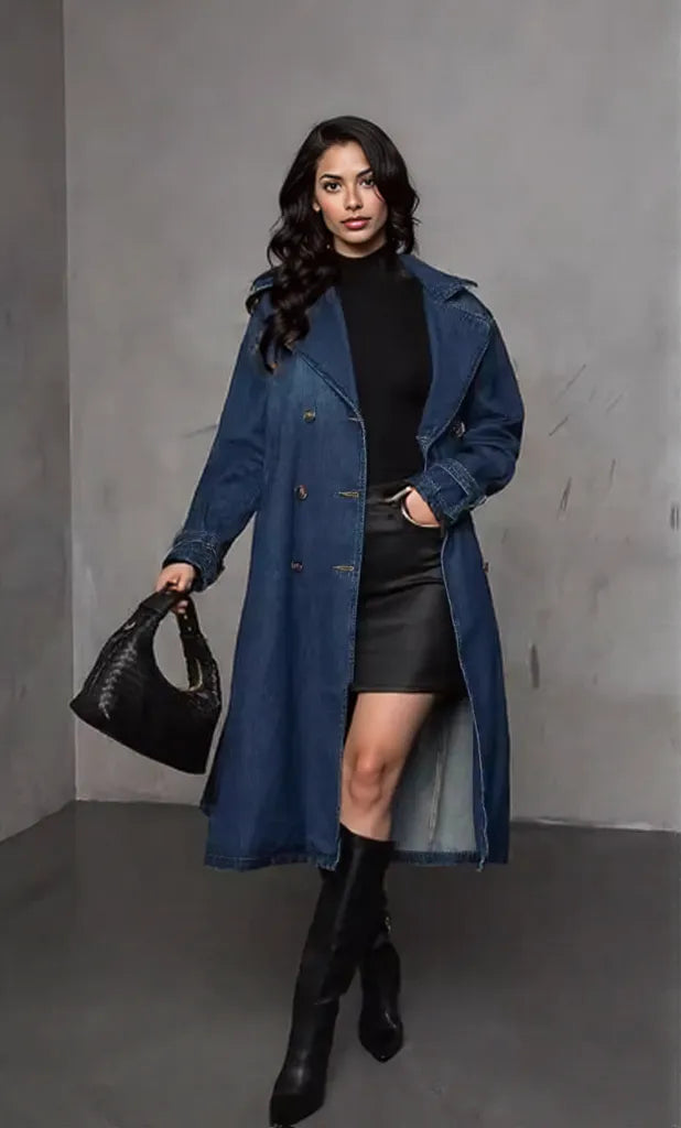 Button Up Long Sleeve Longline Denim Jacket Dark