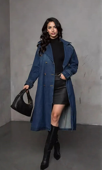 Button Up Long Sleeve Longline Denim Jacket Dark