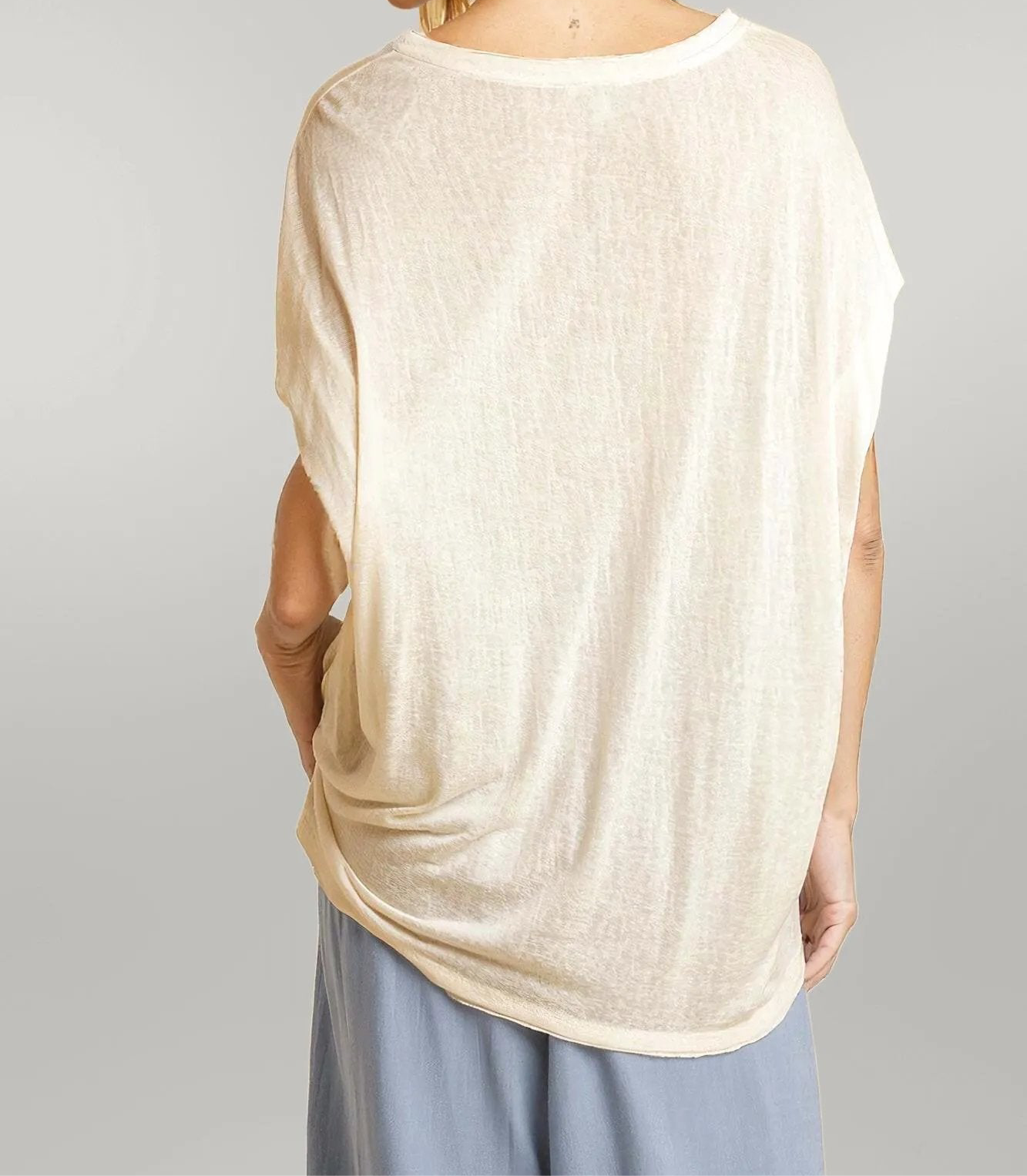 Short Sheer Dolman Sleeve Scoop Neck Top With Side Slit
