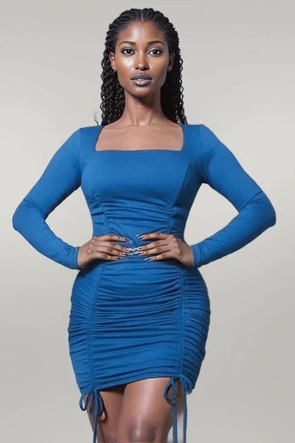 Sexy & Chic Long Sleeve Square Neck Ruching Tie Basic Dress