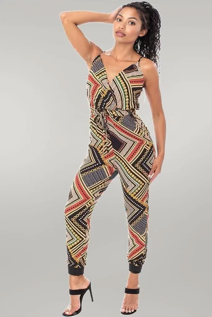Boarder Print Wrap Drawstring Waist Jumpsuit