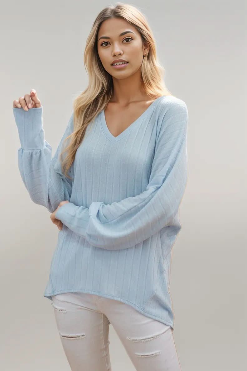 Ribbed V Neck Longsleeve Top L
