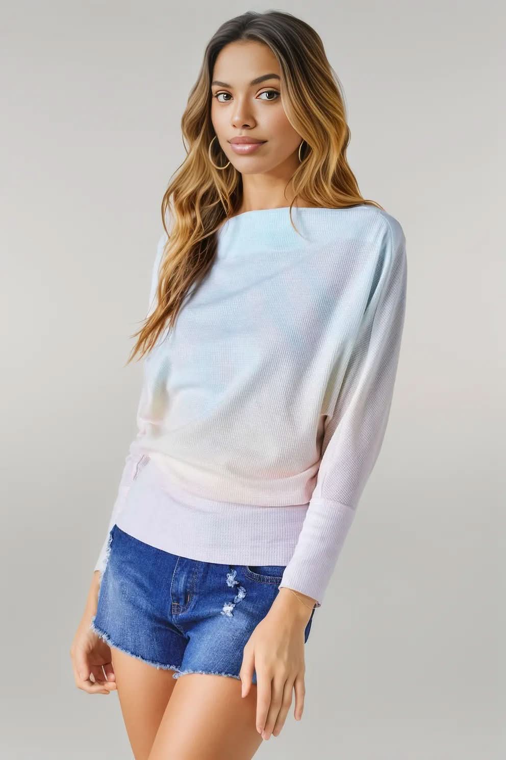 Tie Dye Knit Boatneck Elastic Hem Top