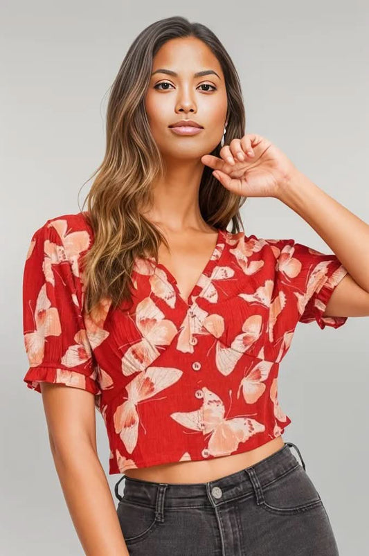 Butterfly Vneck Crop Smocked Back Waist Chili Pepper Coral