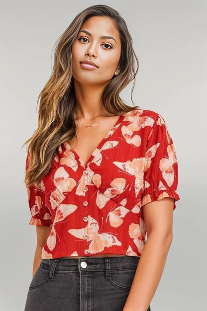 Butterfly Vneck Crop Smocked Back Waist