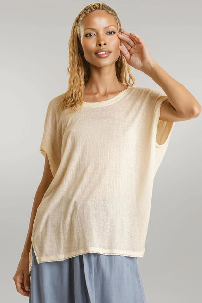 Short Sheer Dolman Sleeve Scoop Neck Top With Side Slit Ivory
