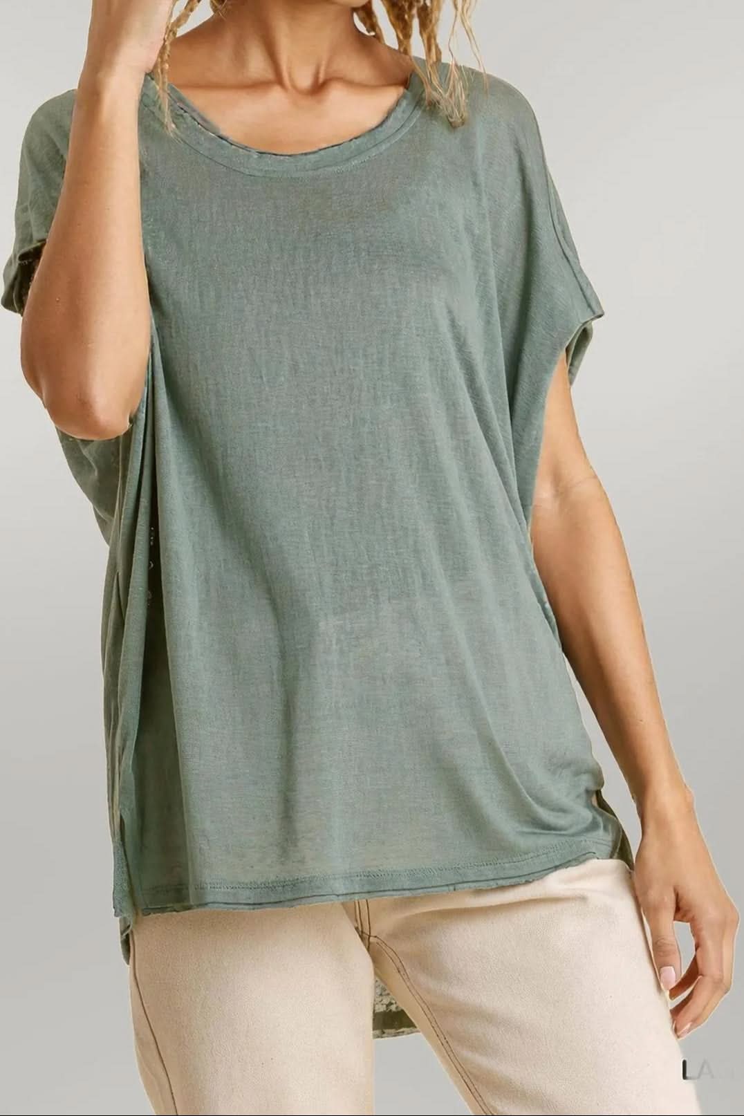 Short Sheer Dolman Sleeve Scoop Neck Top With Side Slit Lagoon