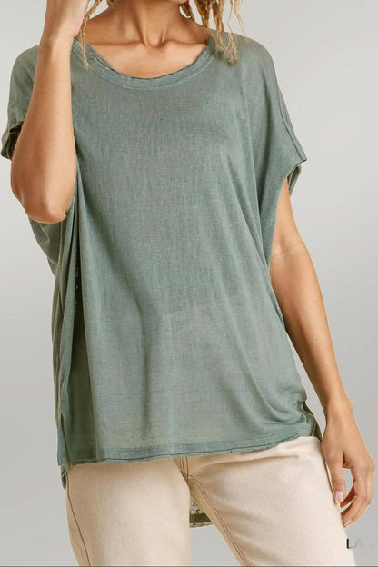 Short Sheer Dolman Sleeve Scoop Neck Top With Side Slit Lagoon