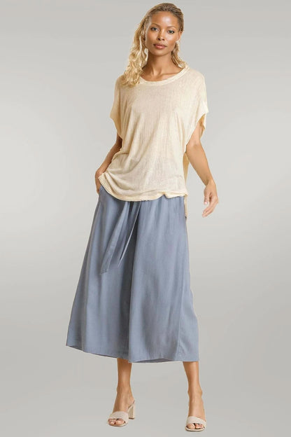 Short Sheer Dolman Sleeve Scoop Neck Top With Side Slit