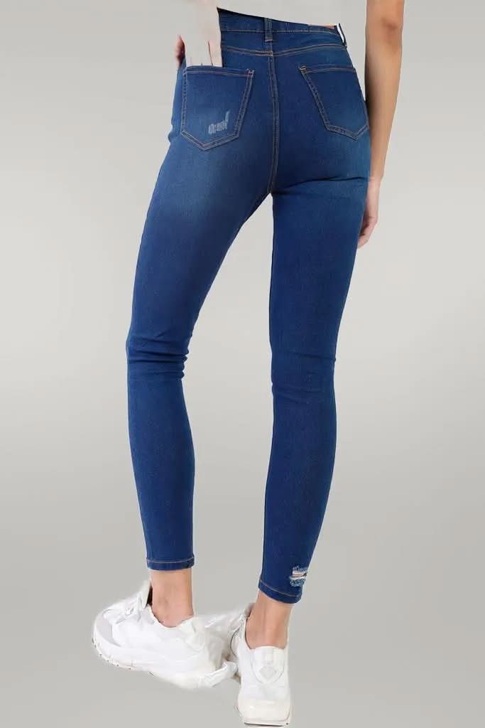 Dark Blue High-waisted With Rips Skinny Denim Jeans