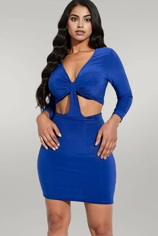 Solid 3/4 Sleeve Ruched Cutout Dress L
