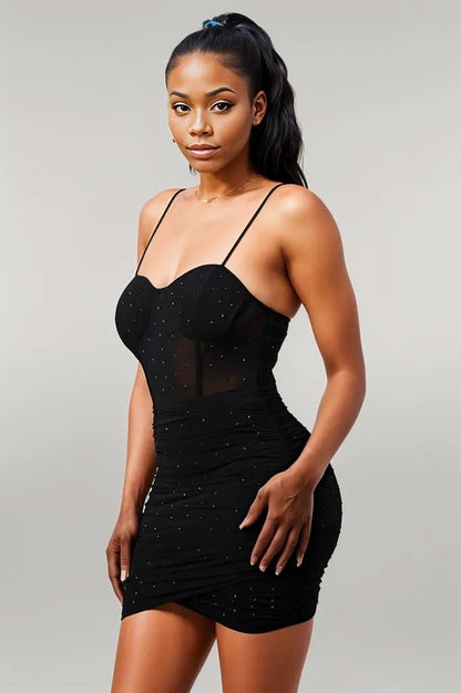 Luxe Glitter Front Mesh Ribbed Cami Mini Dress