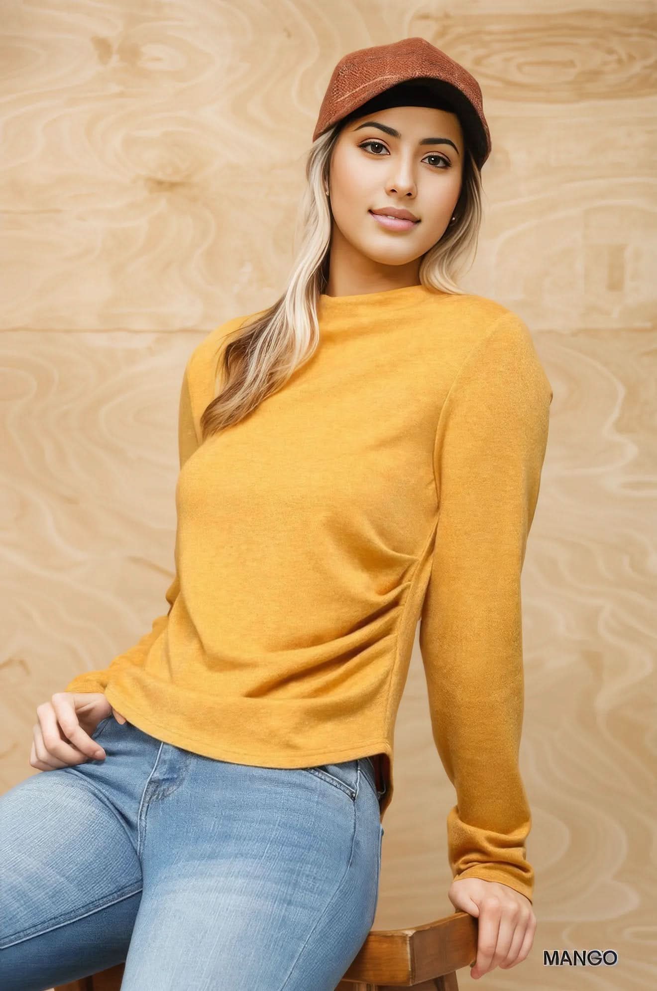 Solid And Cozy Soft Knit Mock Neck Top With Side Ruched Detail