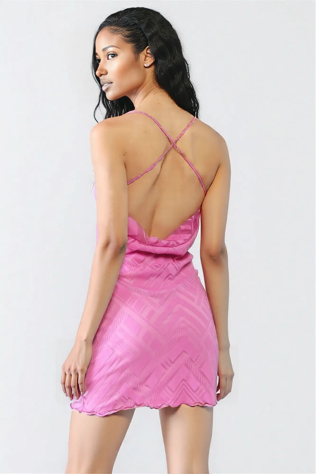 Fuchsia Geo Print Mesh Sleeveless Strappy Criss-cross Open Back Mini Dress