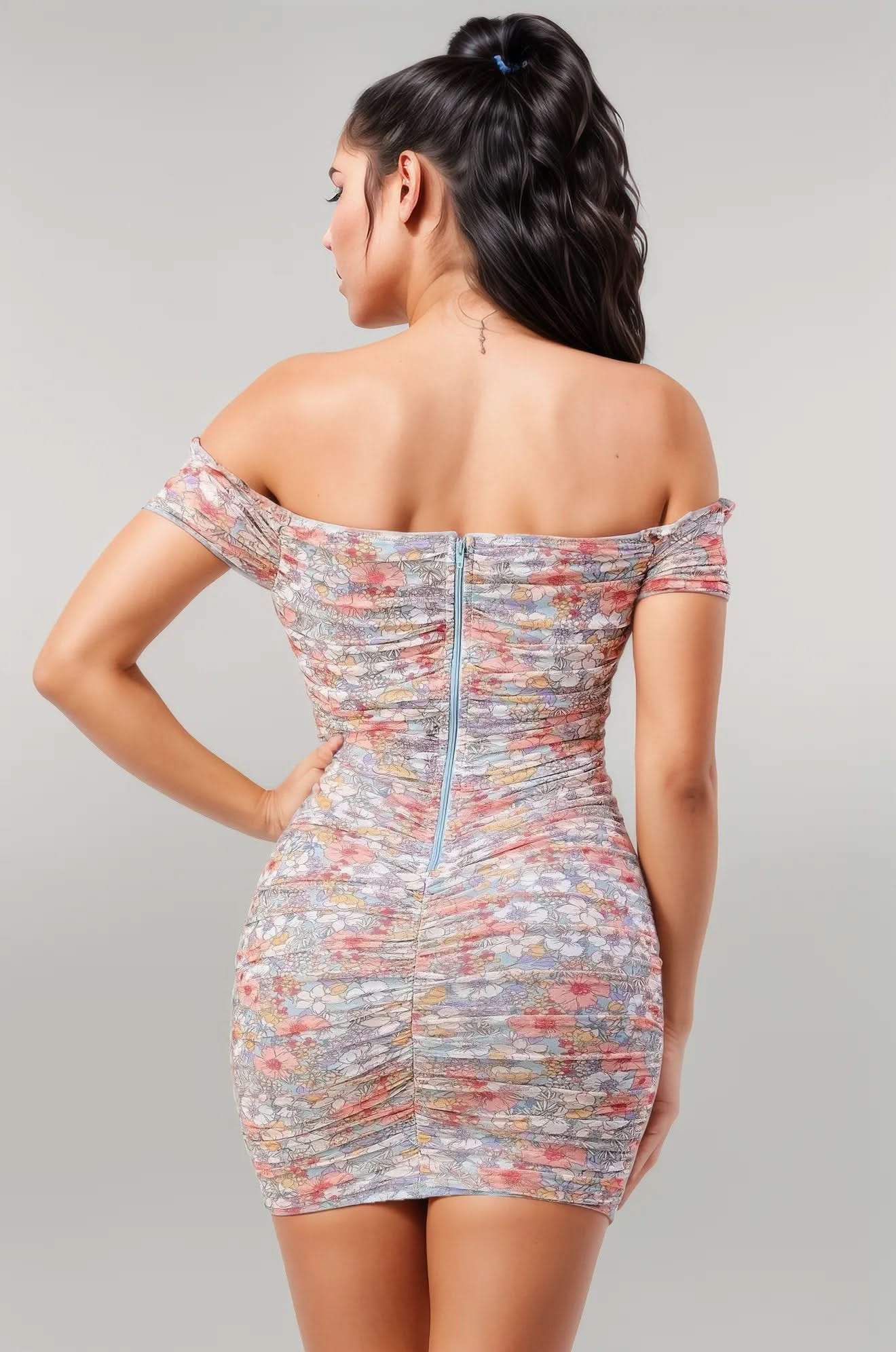 Floral Print Mesh Sweetheart Ruffled Off Shoulder Ruched Mini Dress L