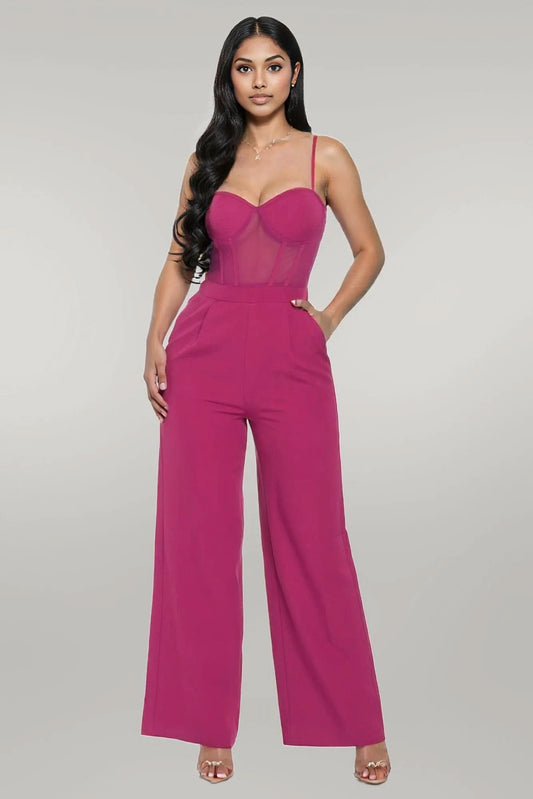 Mesh Insert Cup Wide Leg Jumpsuit L