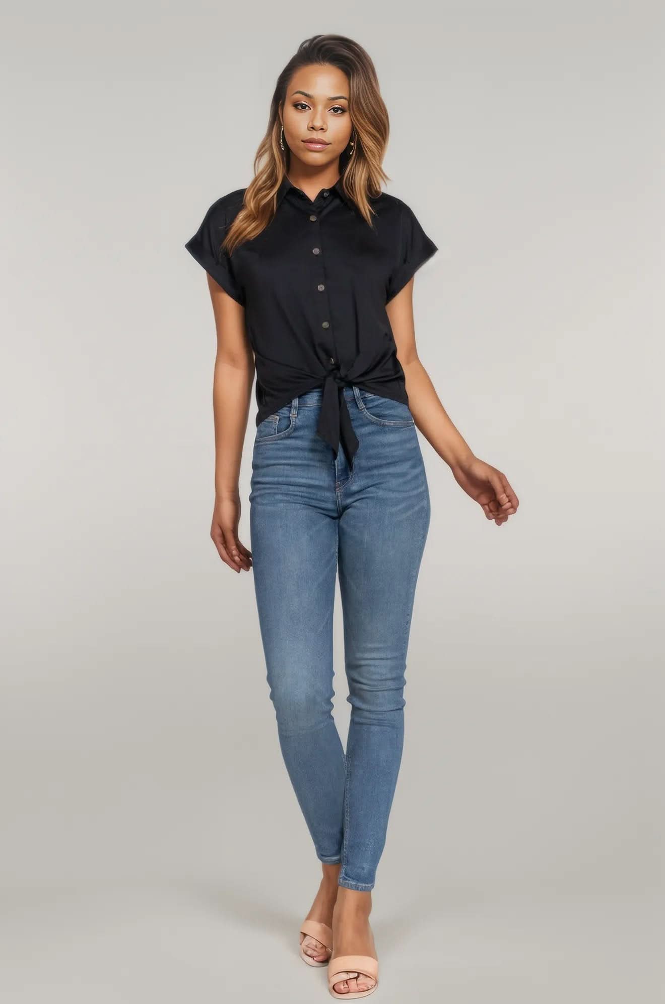Short Slv Front Tie Stretch Ity Top