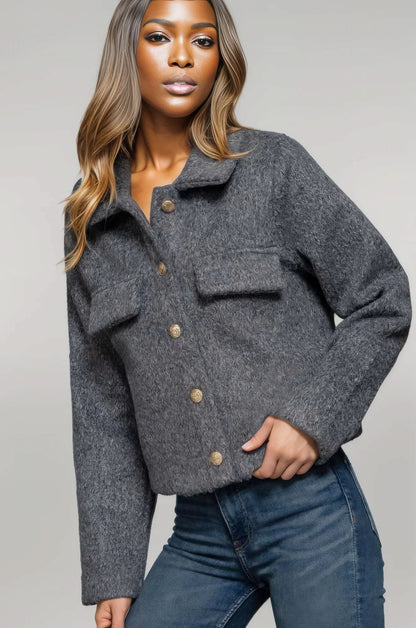 Long Slv Teddy Fleece Short Jacket Heather Charcoal