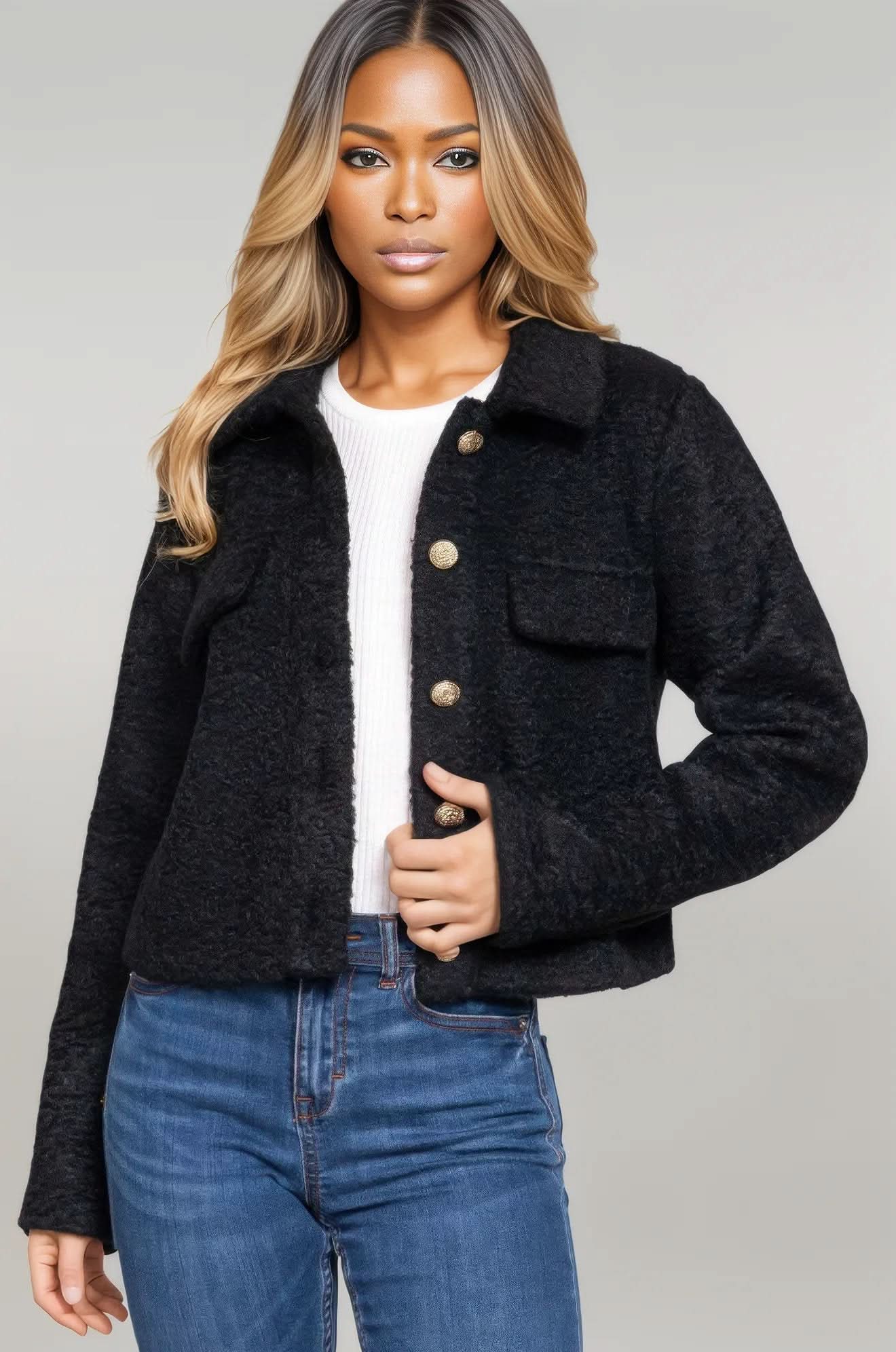 Long Slv Teddy Fleece Short Jacket