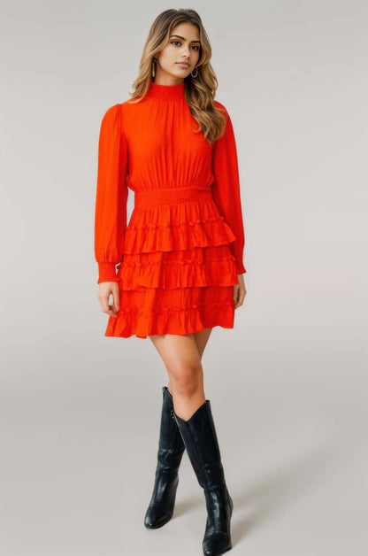 Long Sleeve Smocked Neck Tiered Ruffle Mini Dress