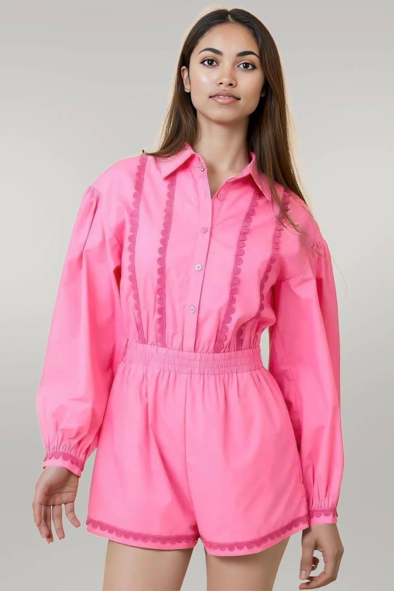 Long Sleeve Romper With Contrasting Scallop Lace