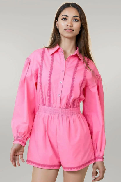 Long Sleeve Romper With Contrasting Scallop Lace