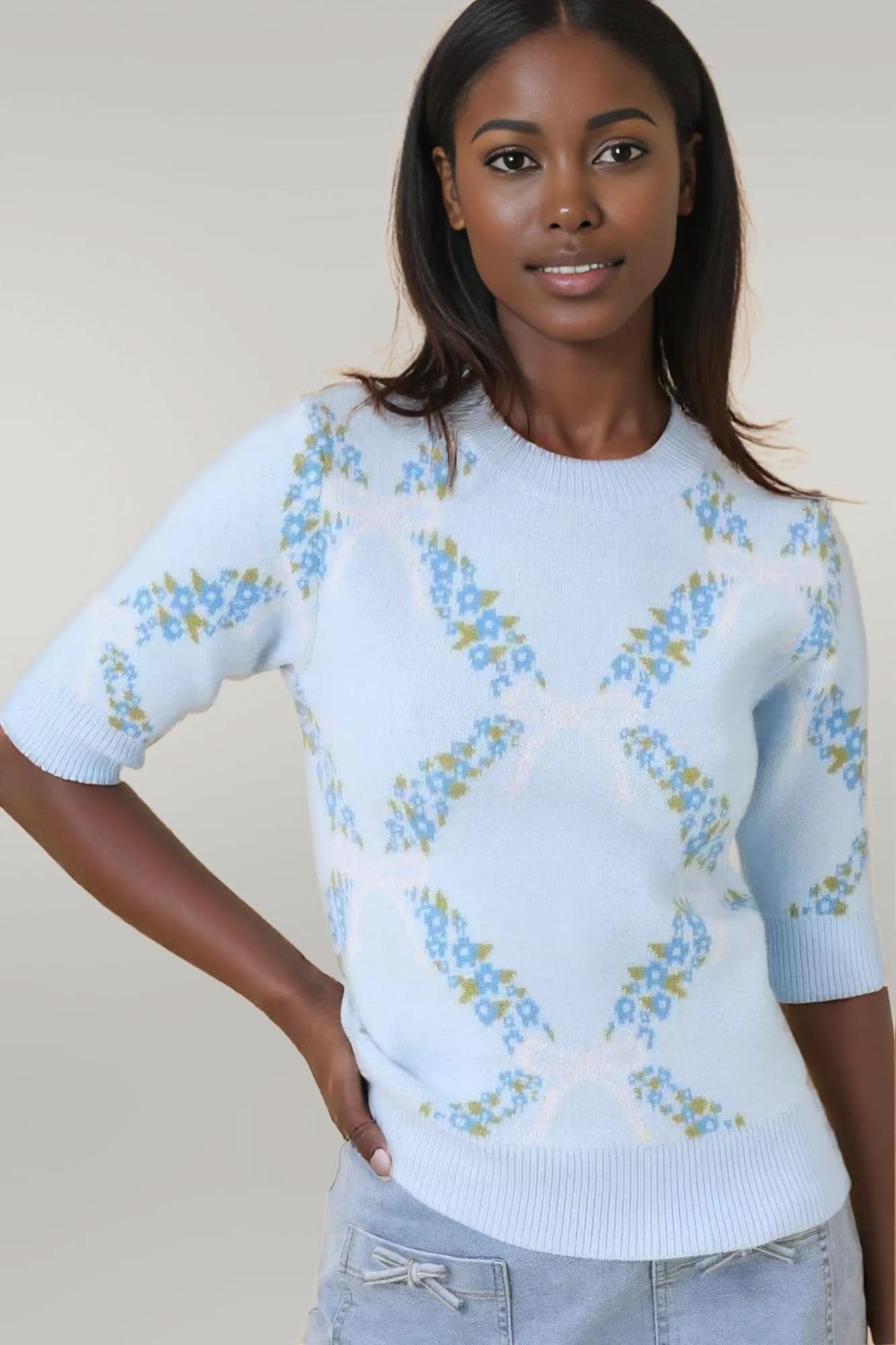 Floral Ribbon Print Sweater Knit Top