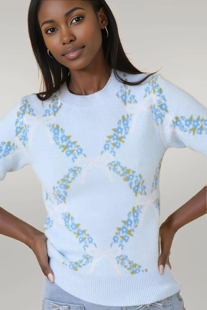 Floral Ribbon Print Sweater Knit Top