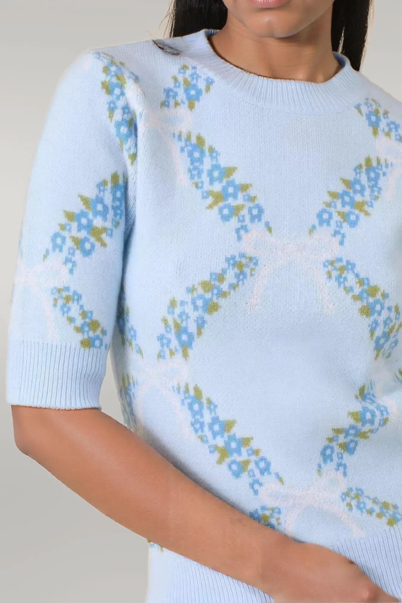 Floral Ribbon Print Sweater Knit Top