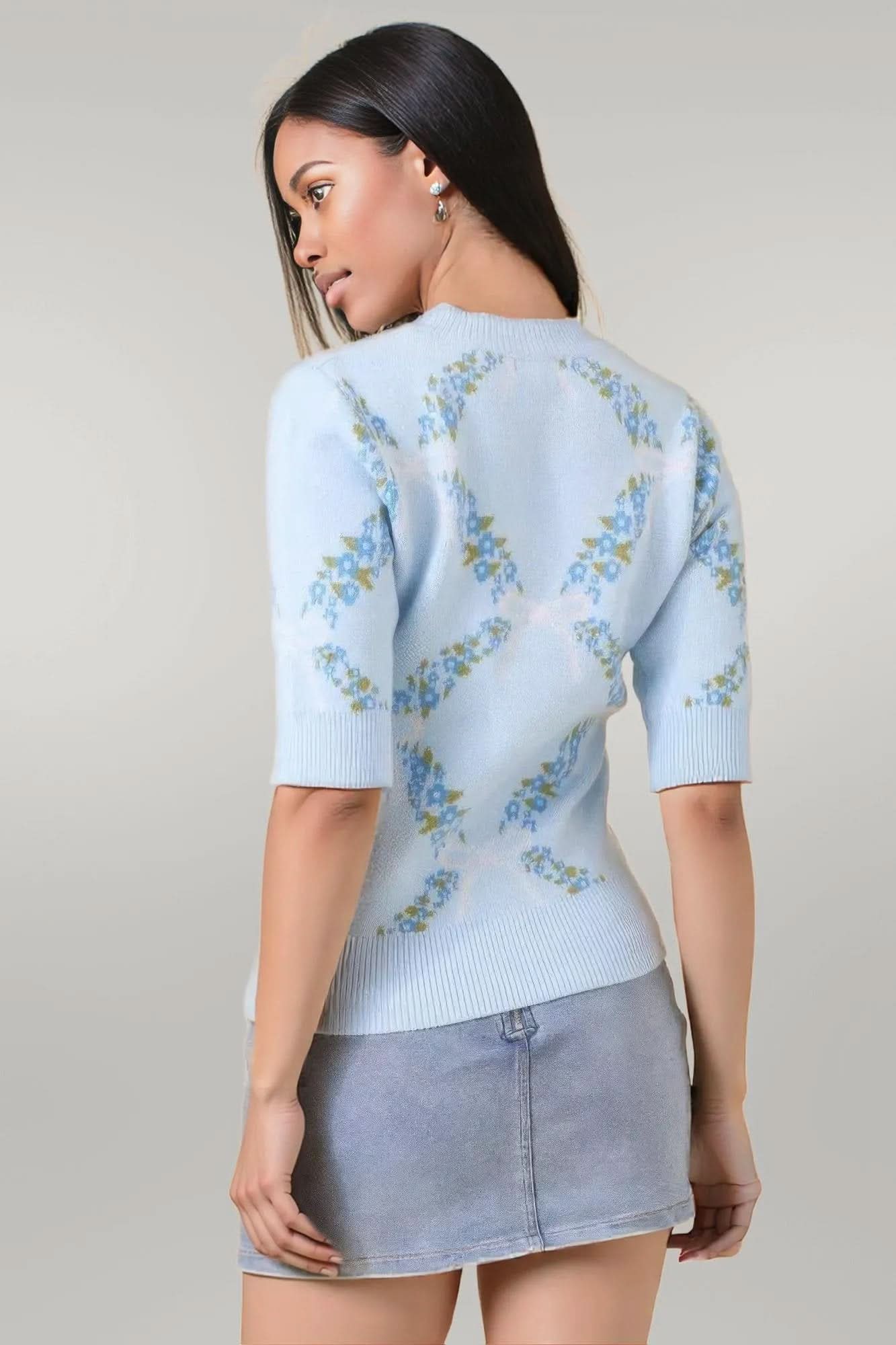 Floral Ribbon Print Sweater Knit Top
