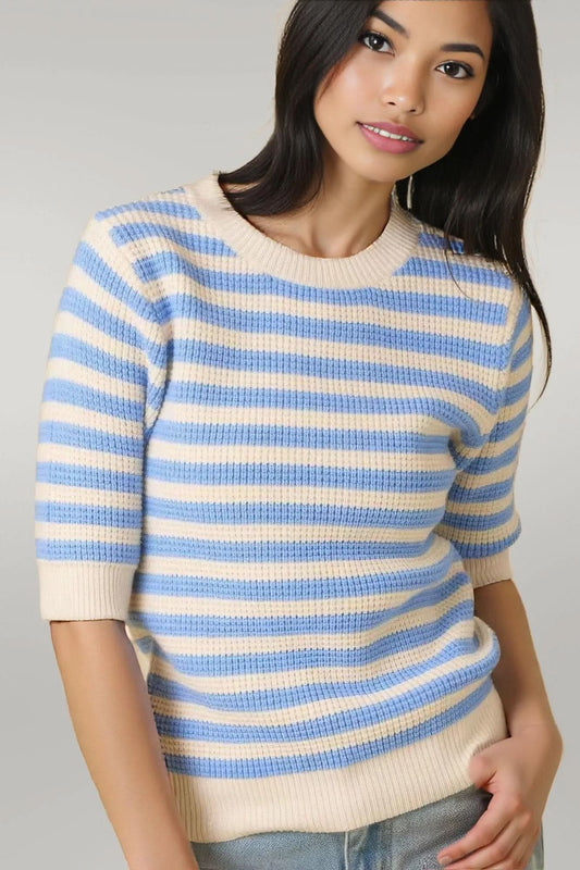 Short Sleeve Sweater Knit Stripe Top L