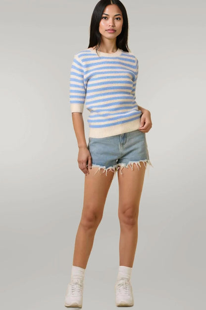 Short Sleeve Sweater Knit Stripe Top